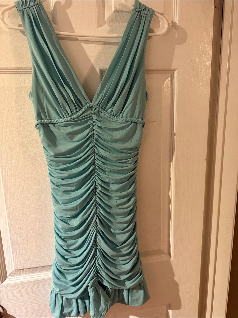 BCBGMaxAzria Teal Ruched V-Neck Mini Dress